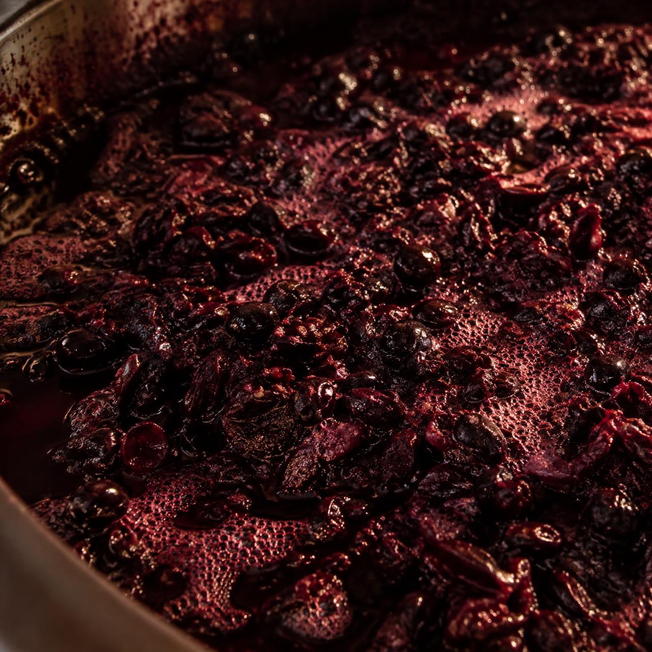 Cap of fermenting red grapes in a tank